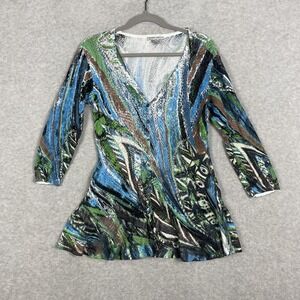 Alberto Makali Knit Cardigan Top Womens L Multicolor Abstract Button Front Art